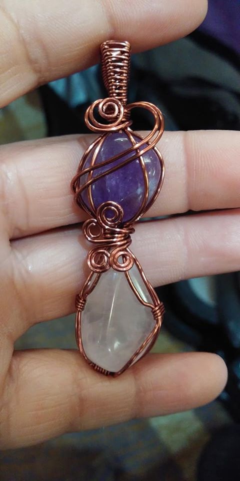 wire wrapped quartz and amethyst pendant